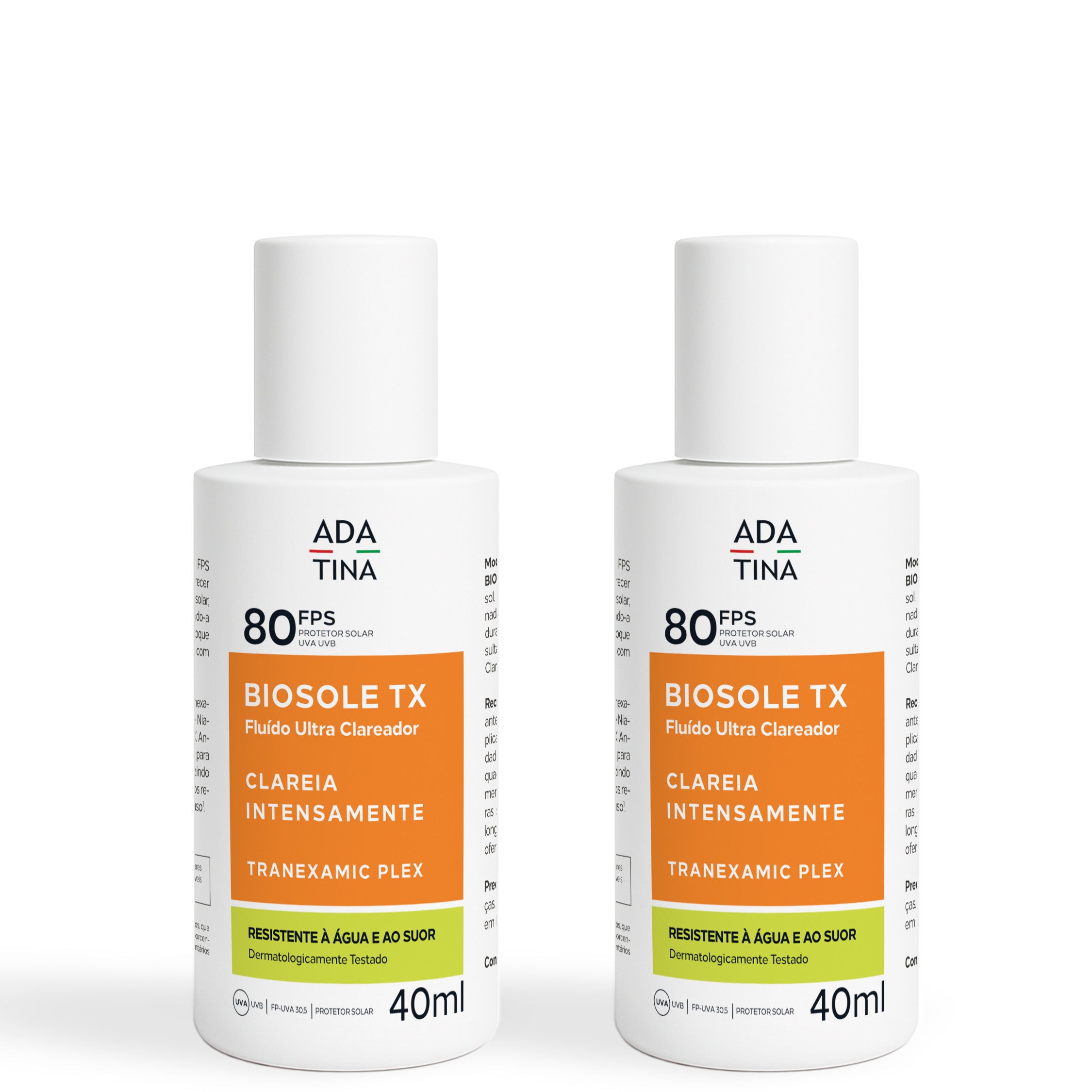 Kit com 2 protetores solares Ada Tina Biosole TX FPS 80 clareador com ácido tranexâmico, niacinamida e Difendiox.