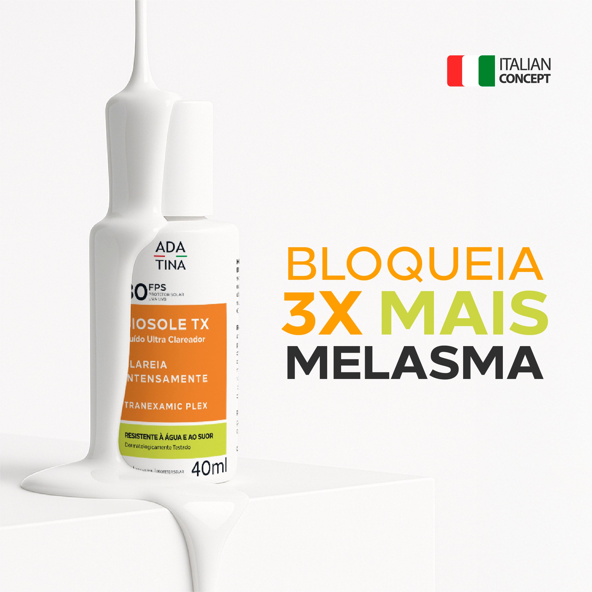 Biosole TX FPS 80 bloqueia 3x mais melasma, com ácido tranexâmico, niacinamida e Difendiox.