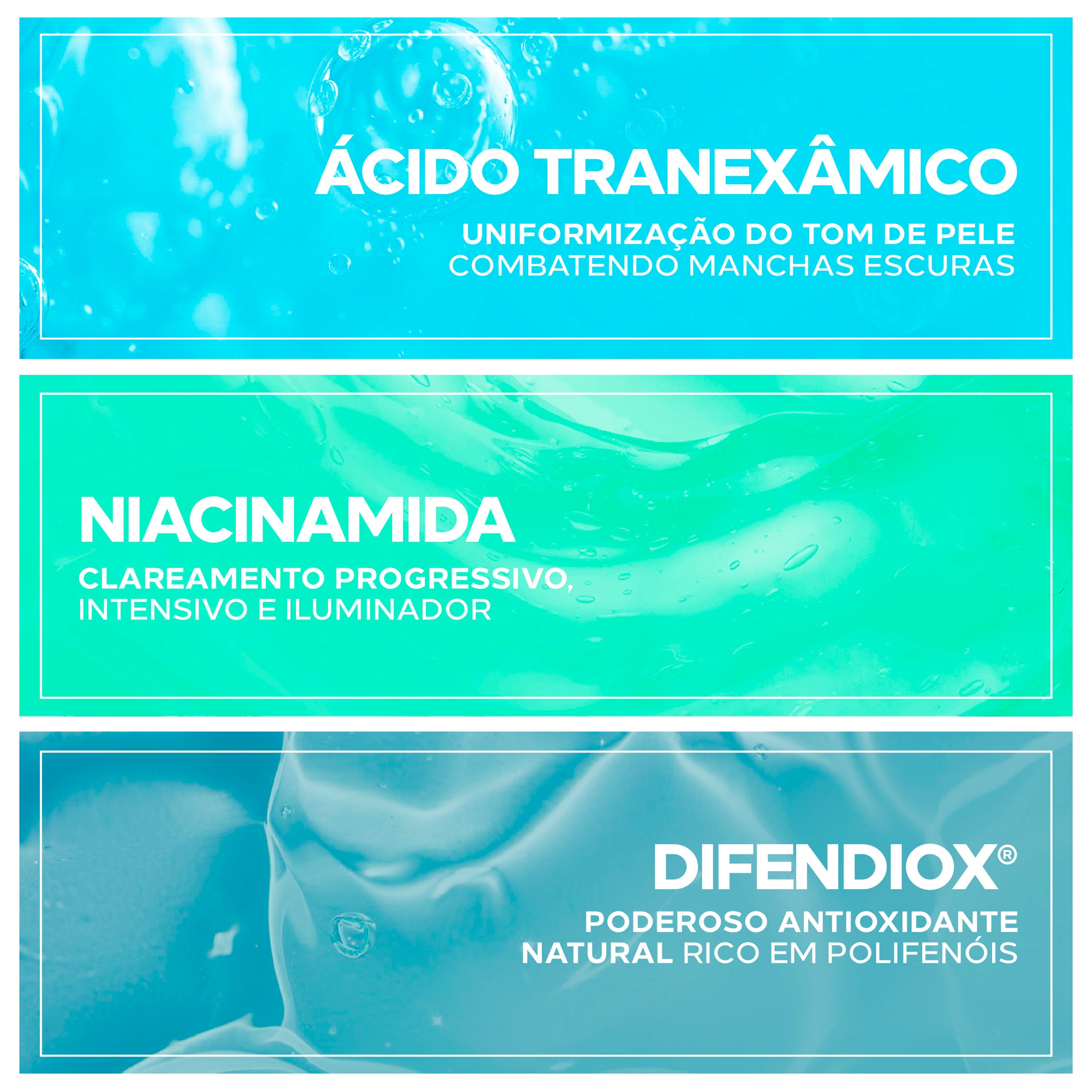 Ingredientes do Biosole TX FPS 80: Difendiox, ácido tranexâmico e niacinamida clareadora.