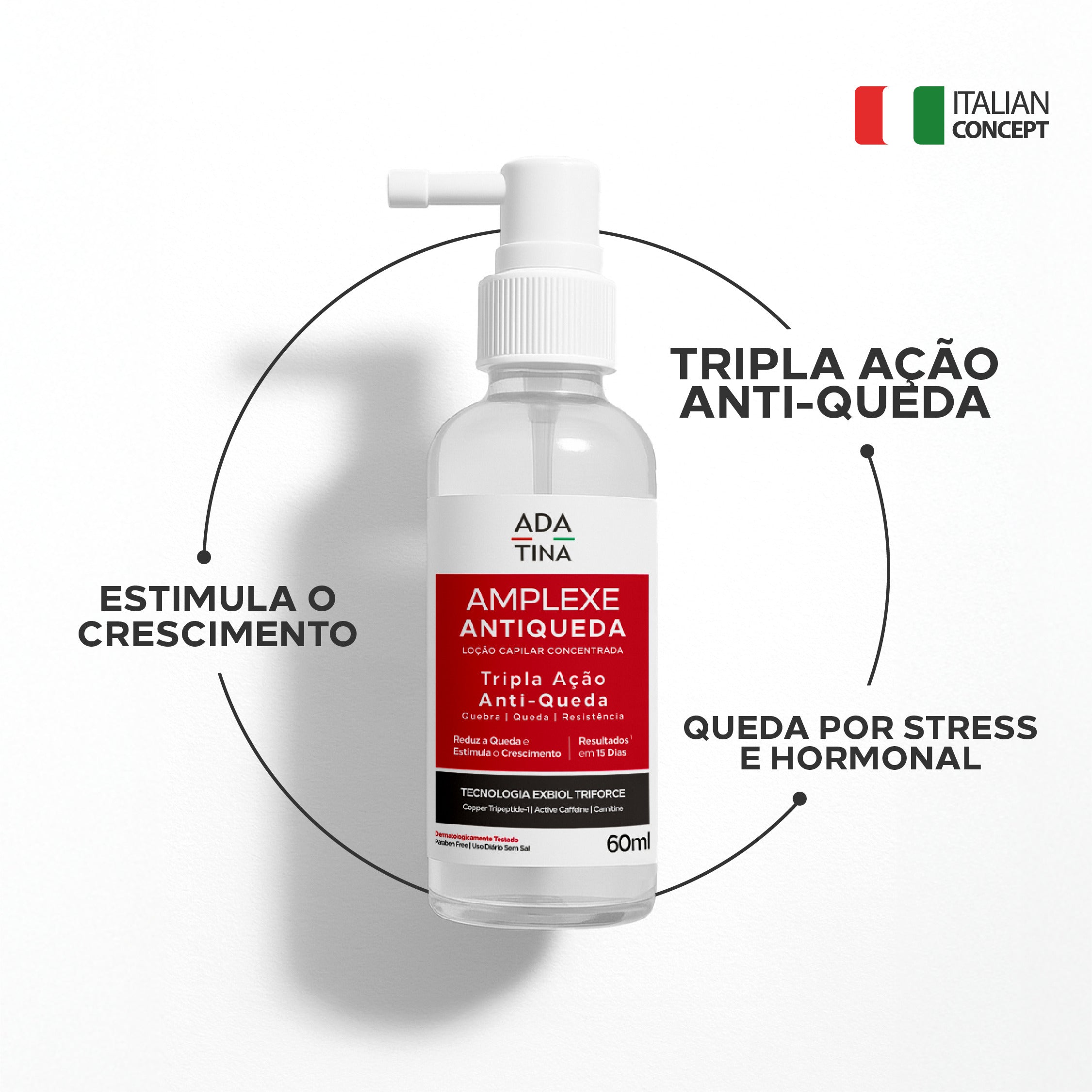 Loção capilar Amplexe Antiqueda Ada Tina com tripla ação antiqueda e eficácia científica comprovada.