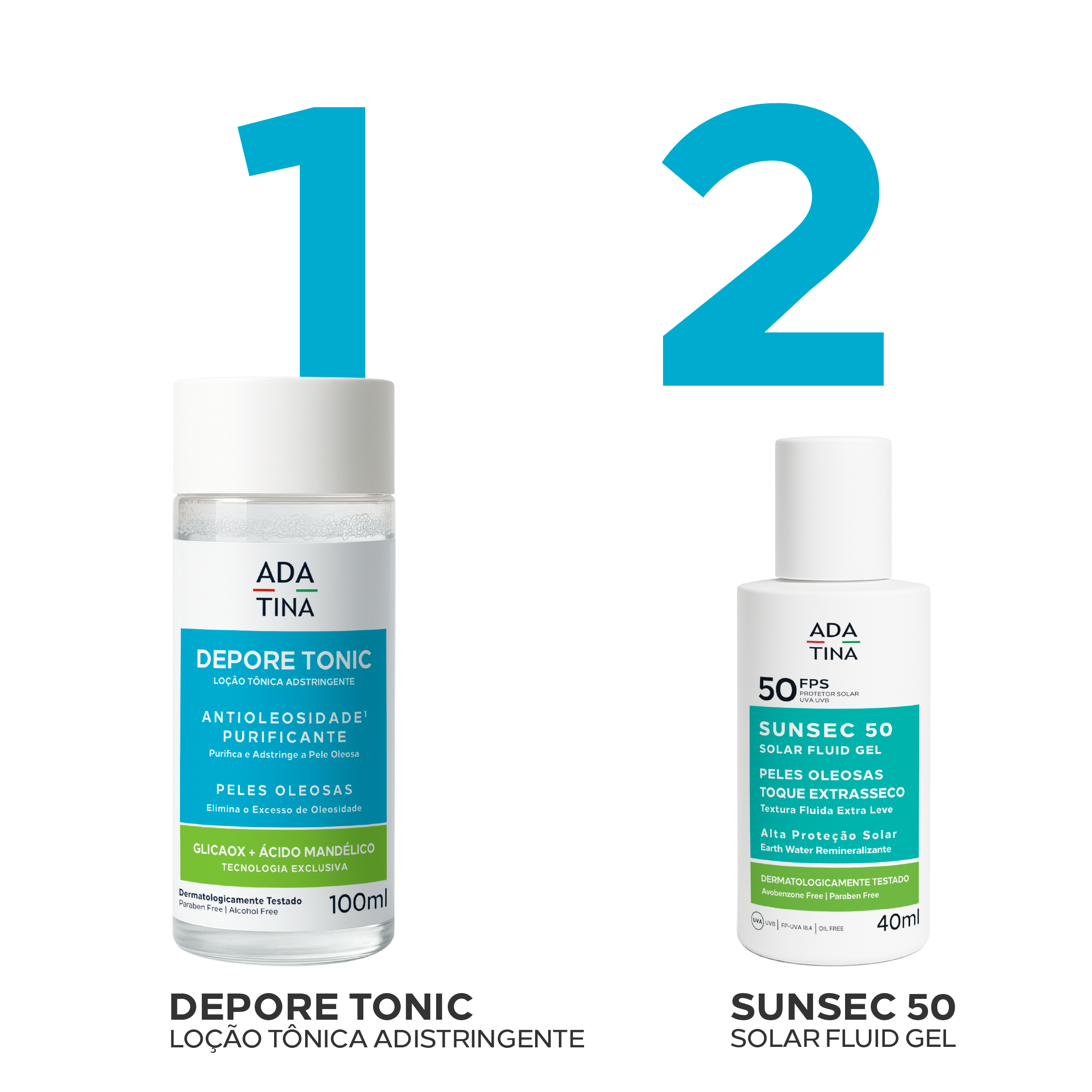 Rotina antioleosidade Ada Tina com loção tônica Depore Tonic e protetor solar Sunsec FPS 50.