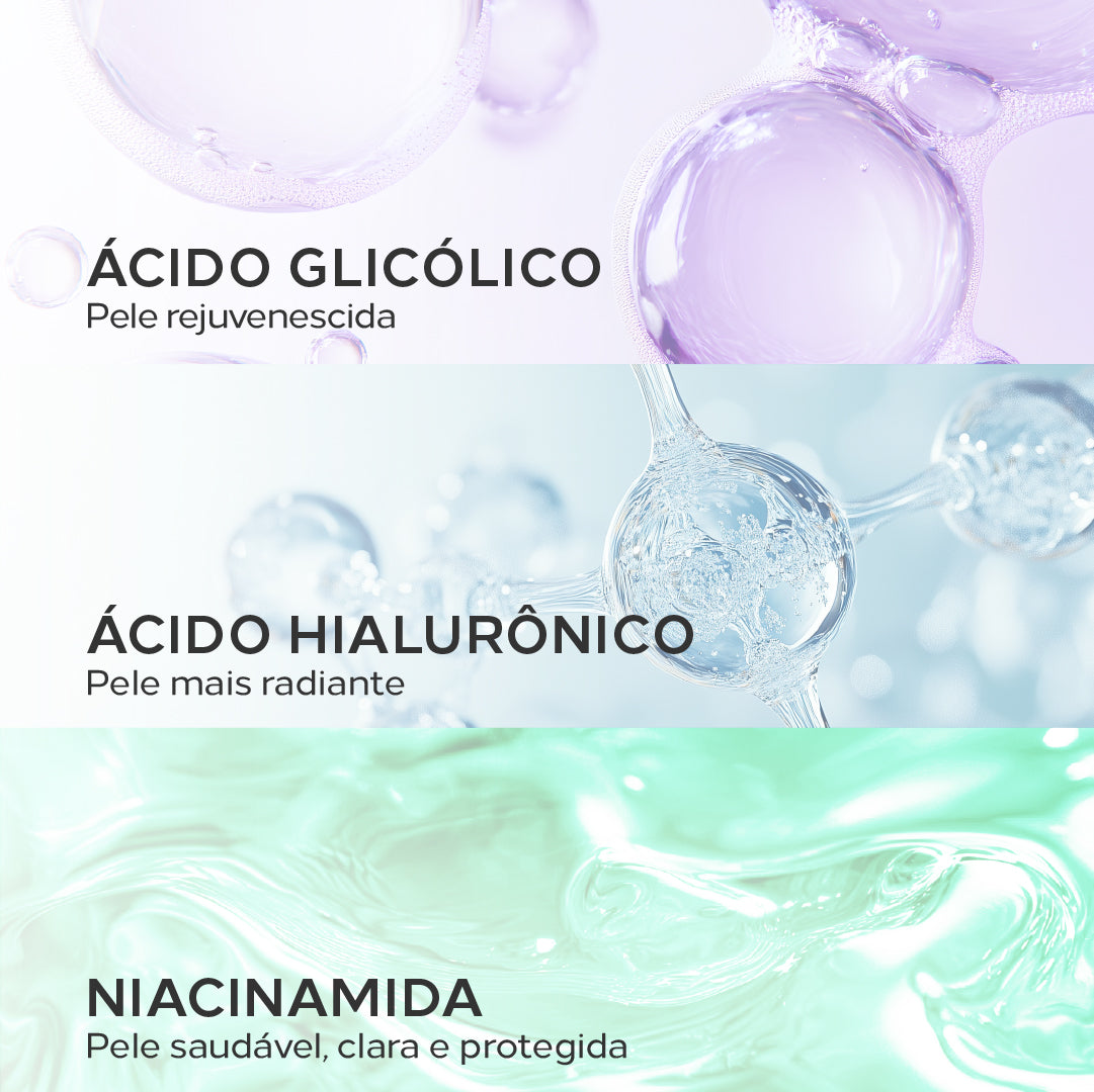 Ingredientes do Niacinamide Peeling Clareador: ácido glicólico e hialurônico, e niacinamida.