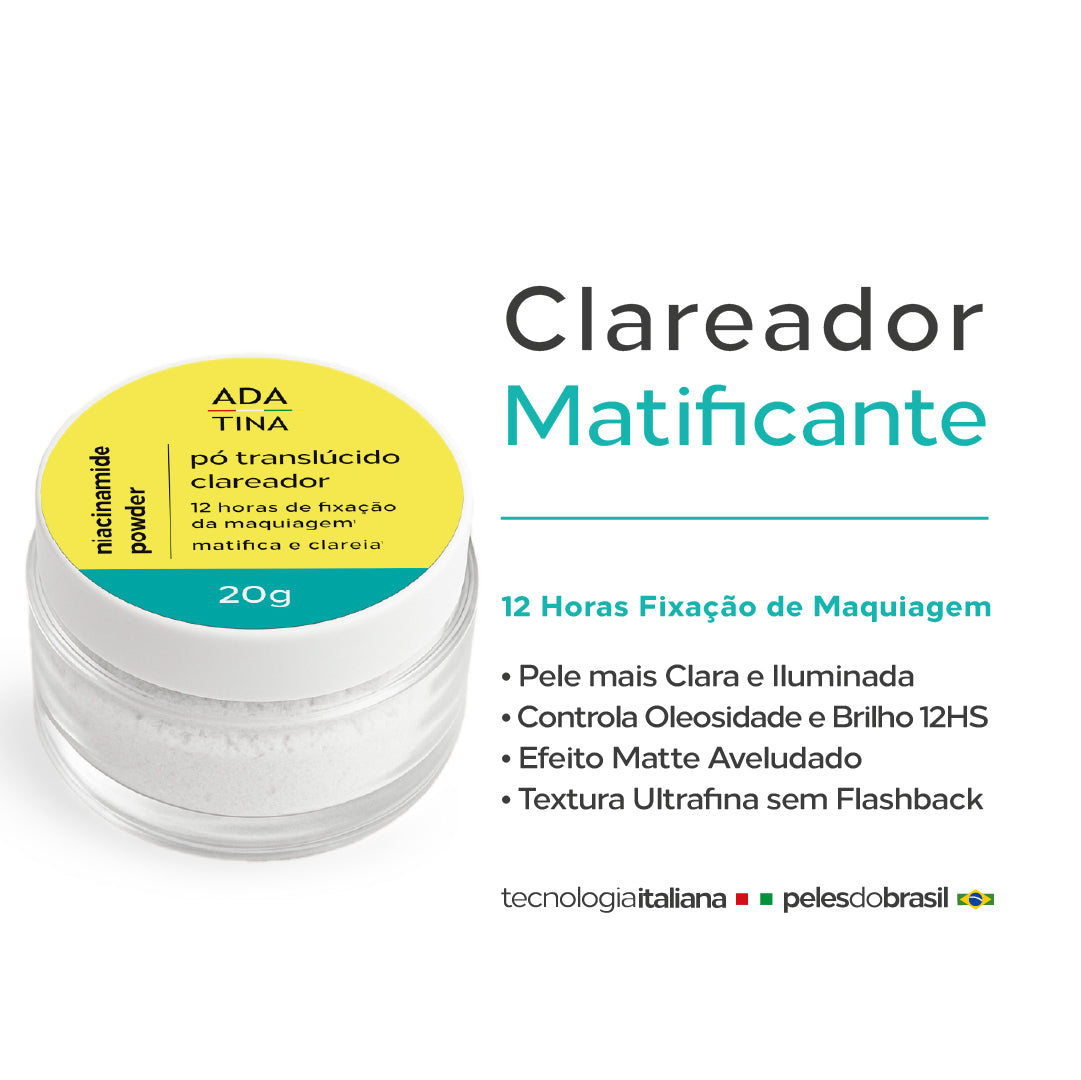 Niacinamide Powder pó translúcido clareador matificante com efeito matte aveludado, textura extrafina que controla a oleosidade e brilho da pele.