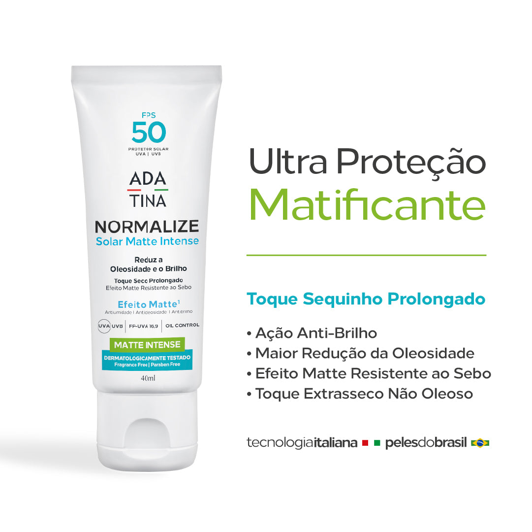 Protetor solar Normalize Solar Matte Intense FPS 50 com toque seco prolongado e ação anti-brilho.