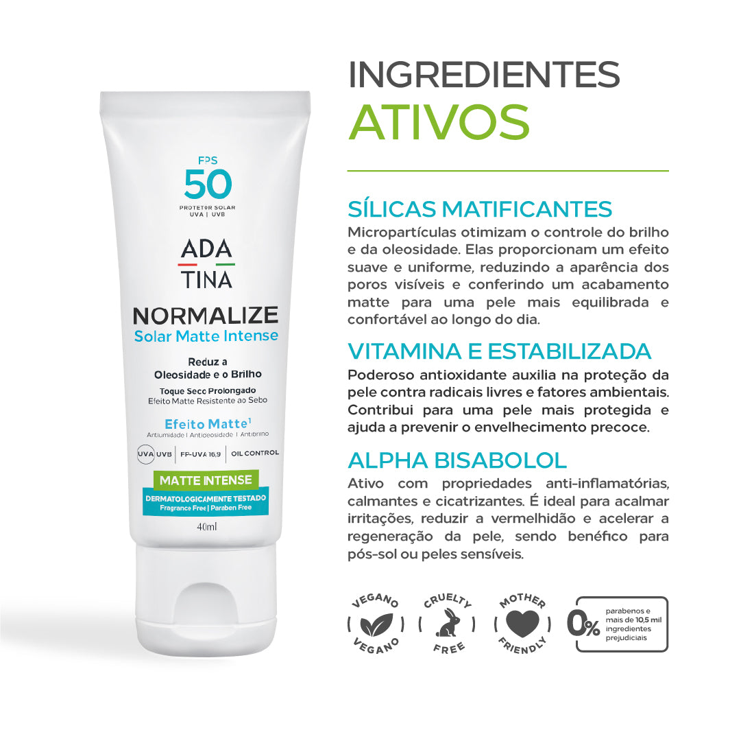 Ingredientes do Normalize Solar Matte Intense FPS 50: sílicas matificantes, vitamina E e alfa bisabolol.