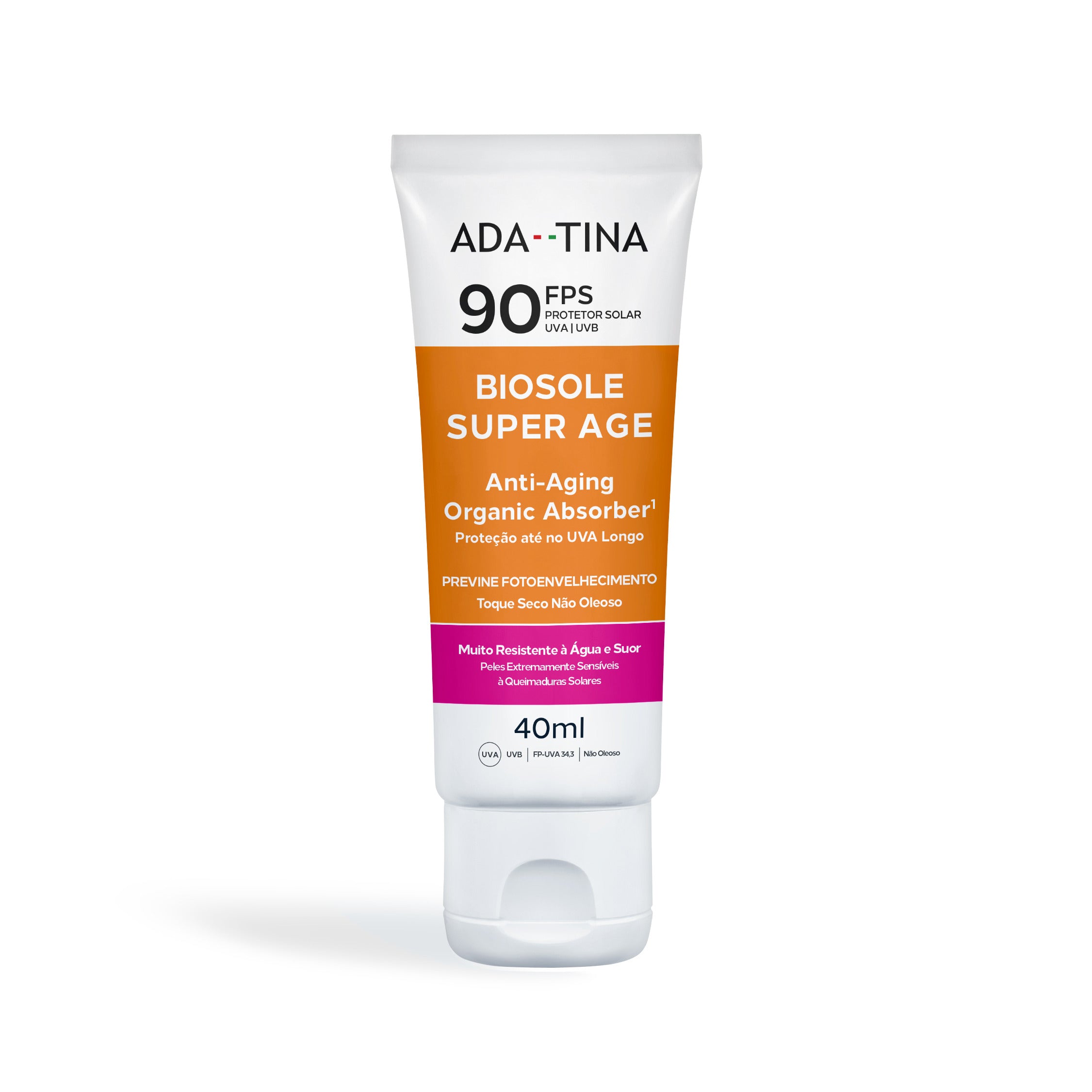 Protetor solar Ada Tina Biosole Super Age FPS 90 com toque seco não oleoso.