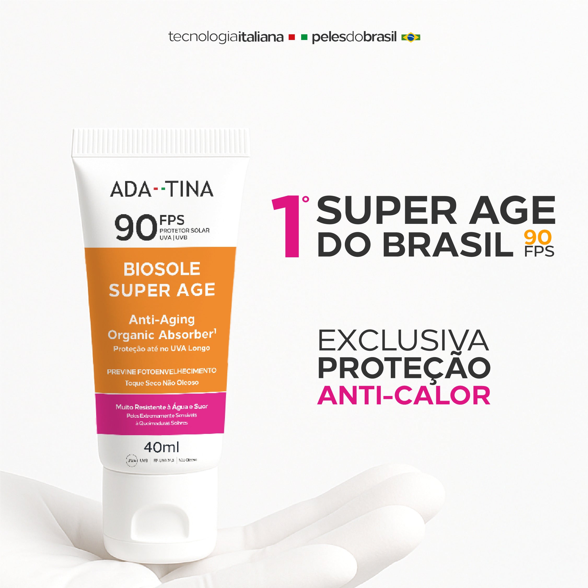 Ada Tina Biosole Super Age, o primeiro protetor solar anti-idade FPS 90 do Brasil.