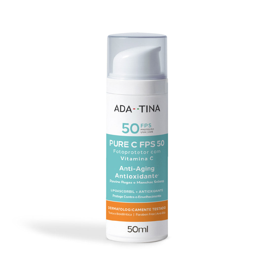 Ada Tina Pure C FPS 50 fotoprotetor com vitamina C antioxidante e anti-aging.