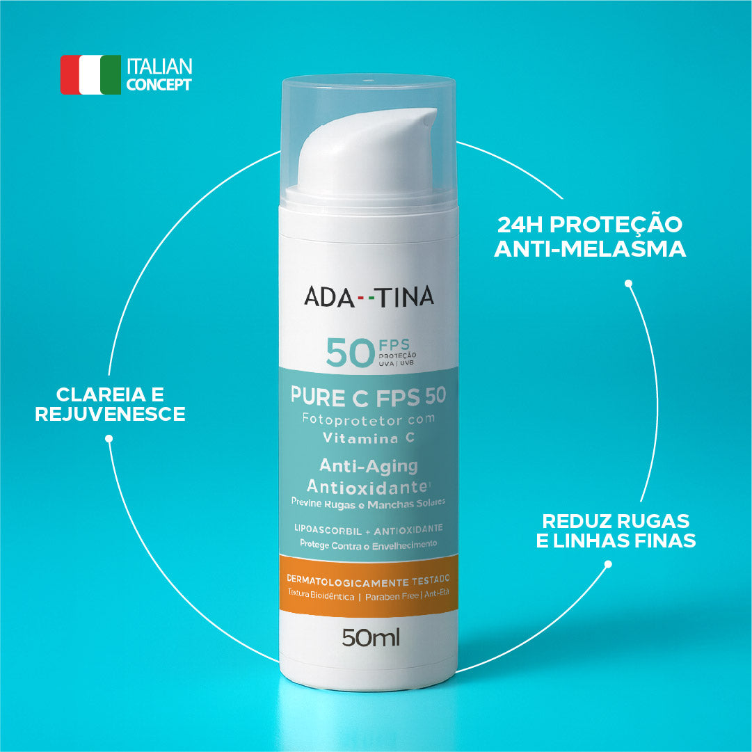 Ada Tina Pure C FPS 50 proteção anti-melasma, clareia e rejuvenesce a pele.