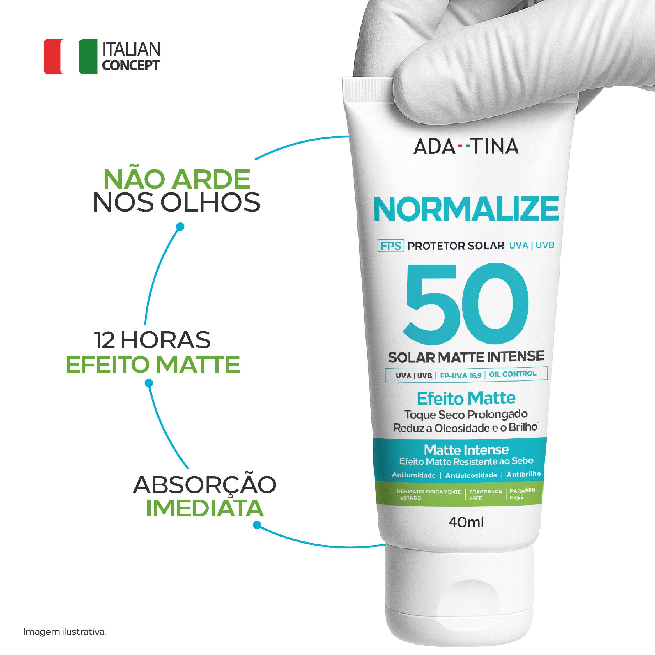 Normalize Solar Matte Intense não arde nos olhos, 12 horas de efeito matte e absorção imediata na pele.