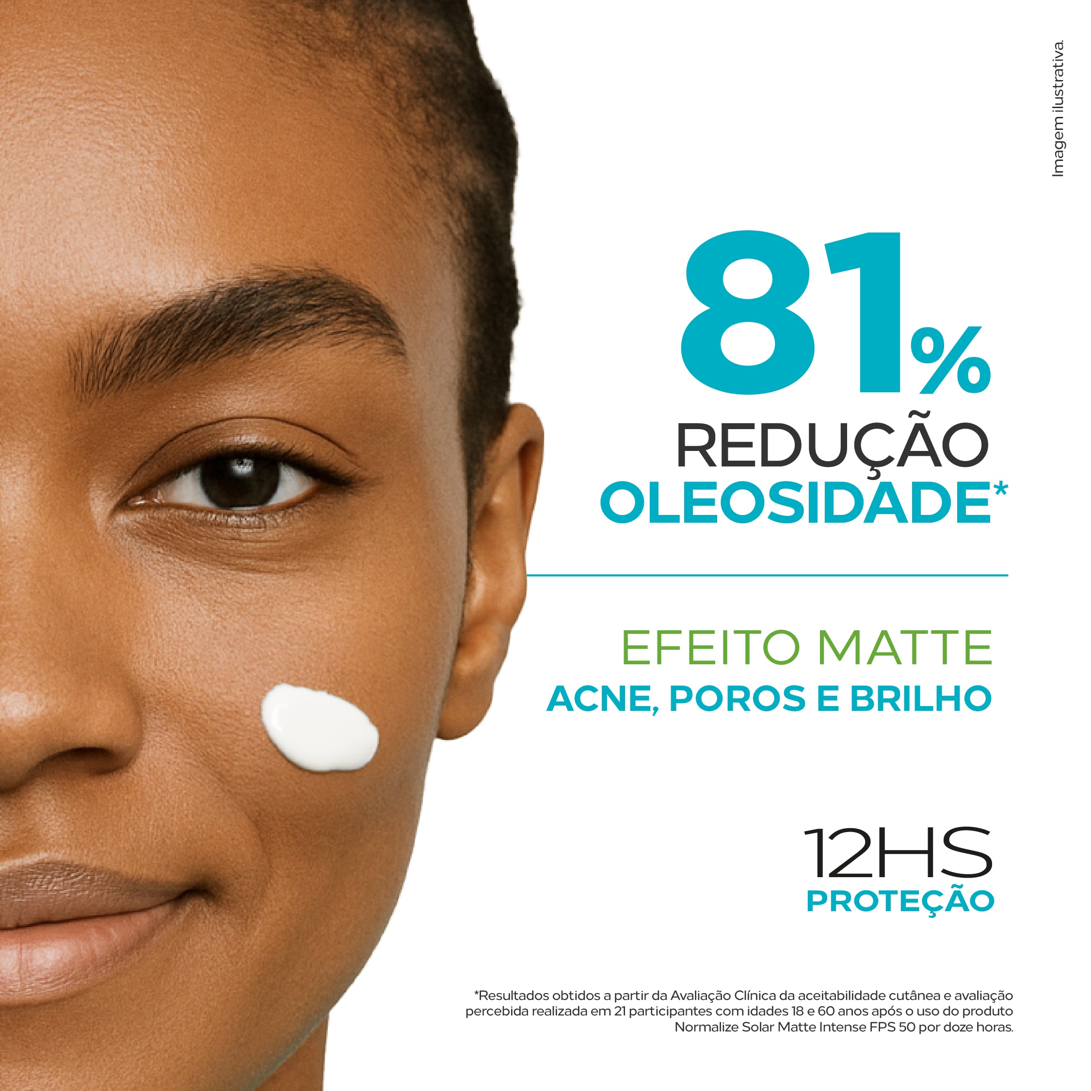 Reduz 81% a oleosidade, com efeito matte e 12 horas de proteção.
