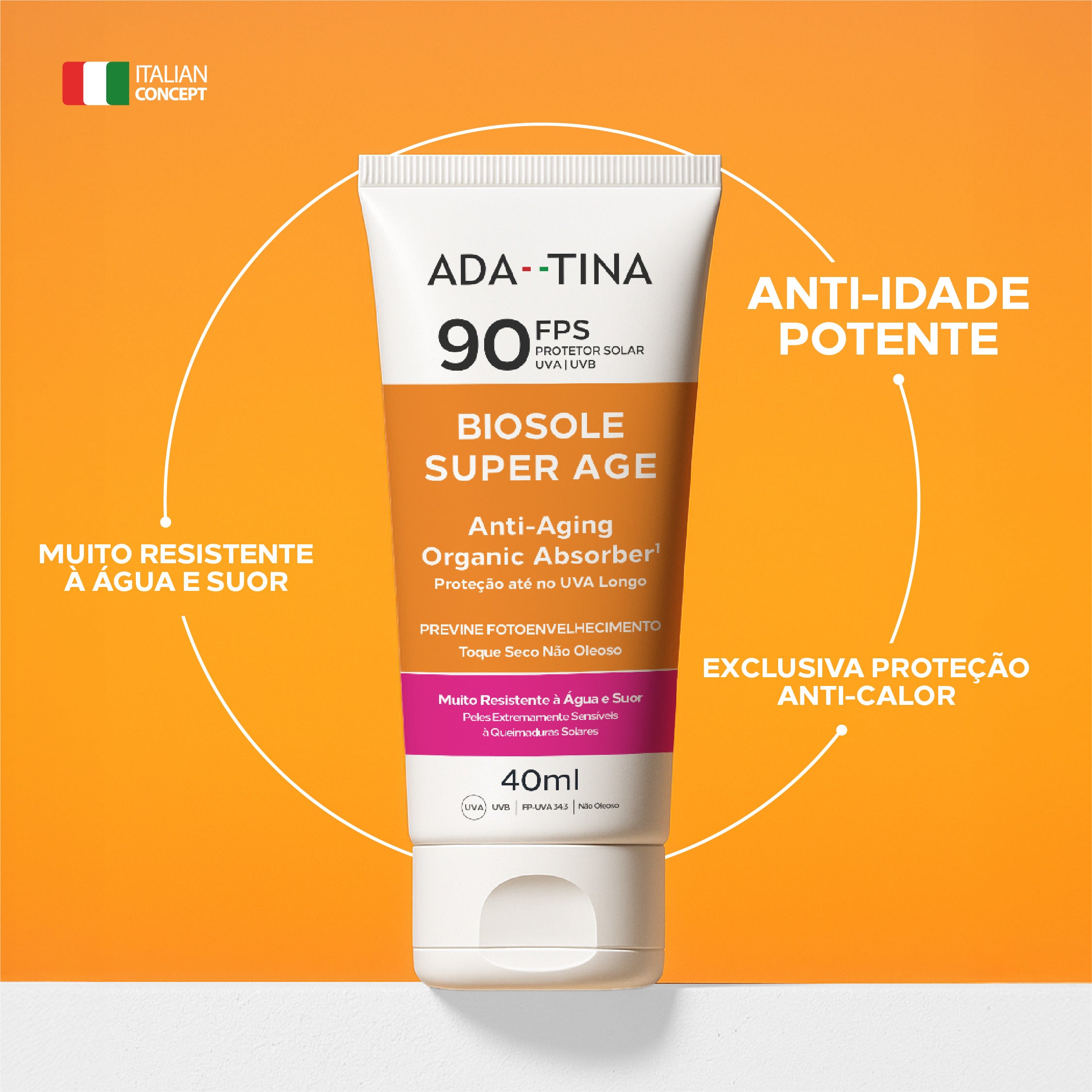 Protetor solar Ada Tina Biosole Super Age FPS 90 com proteção anti-calor e resistência à água.