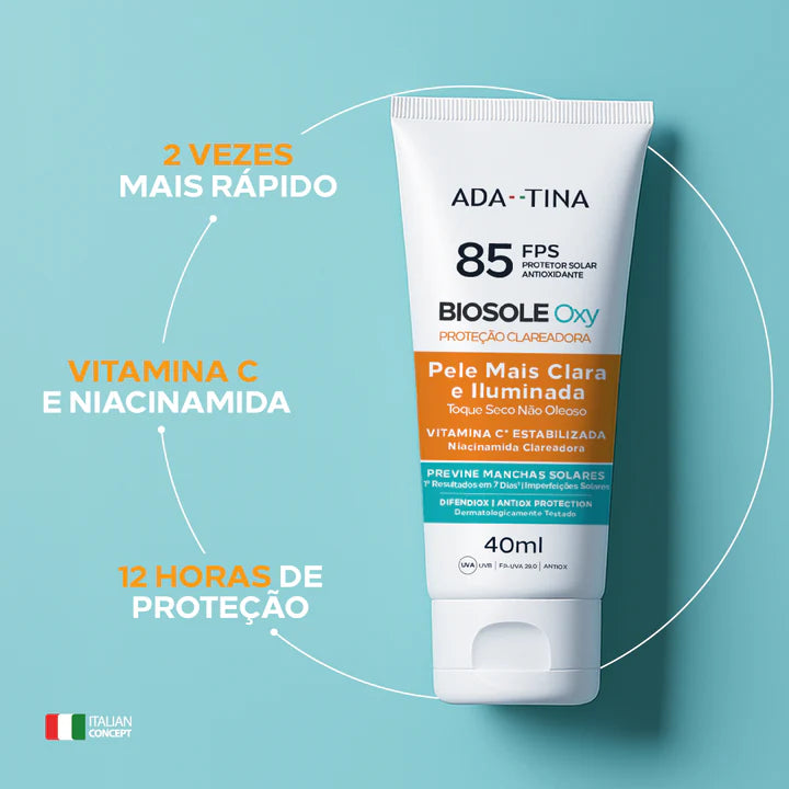 Protetor solar Biosole Oxy FPS 85 clareia manchas 2x mais rápido, com 12 horas de proteção e ativos como Vitamina C e Niacinamida.