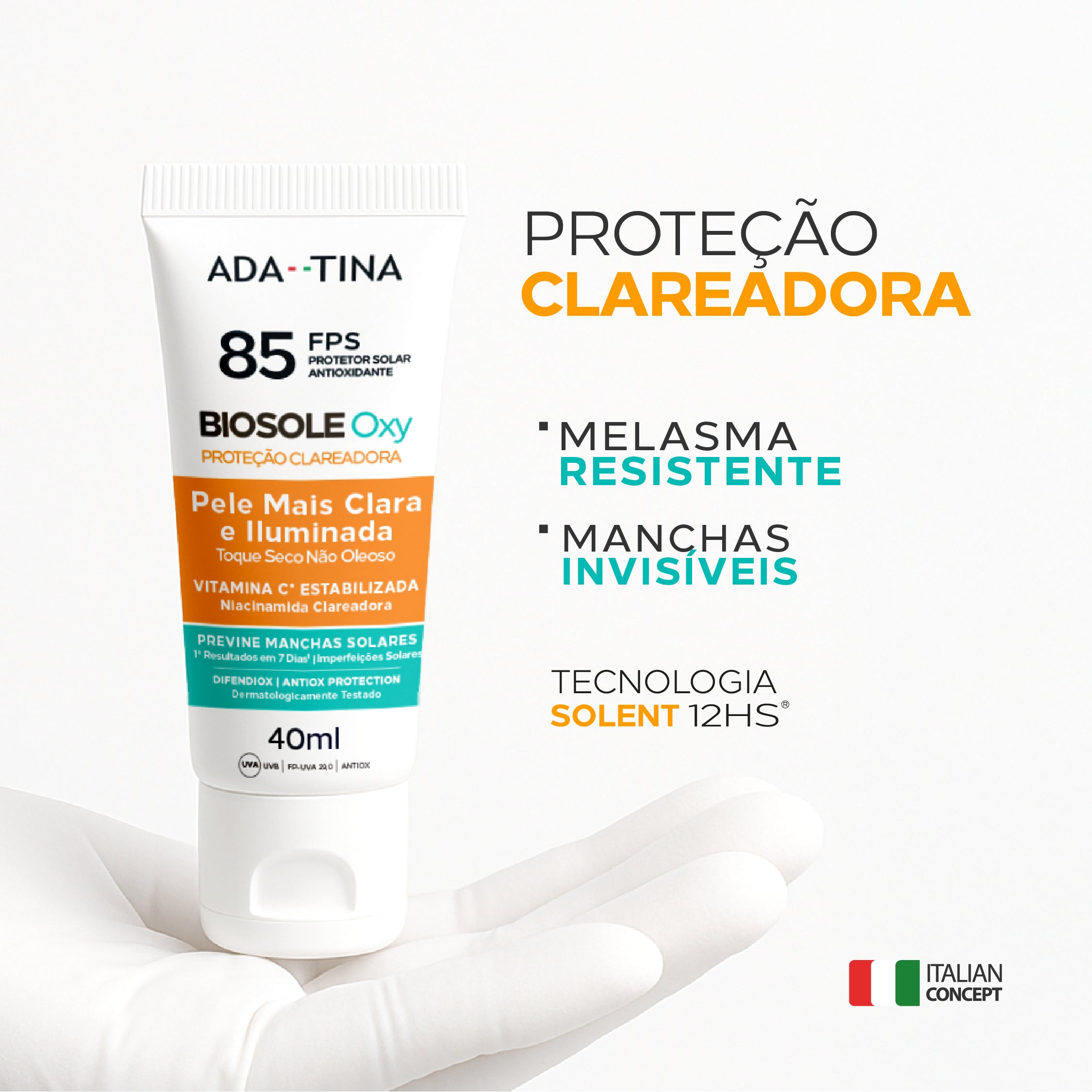 Protetor solar Biosole Oxy FPS 85 clareia manchas invisíveis e melasma resistente.