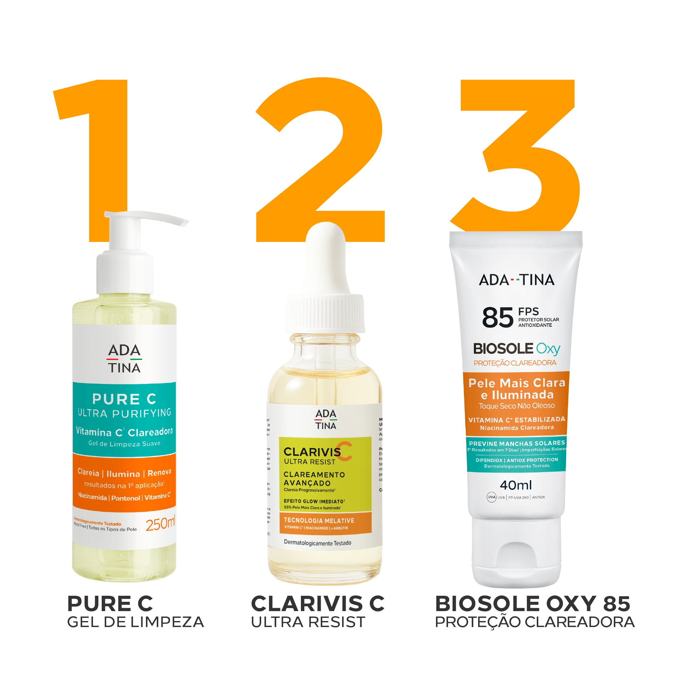 Rotina de clareamento com Pure C gel de limpeza, Clarivis C Ultra Resist e Biosole Oxy FPS 85.