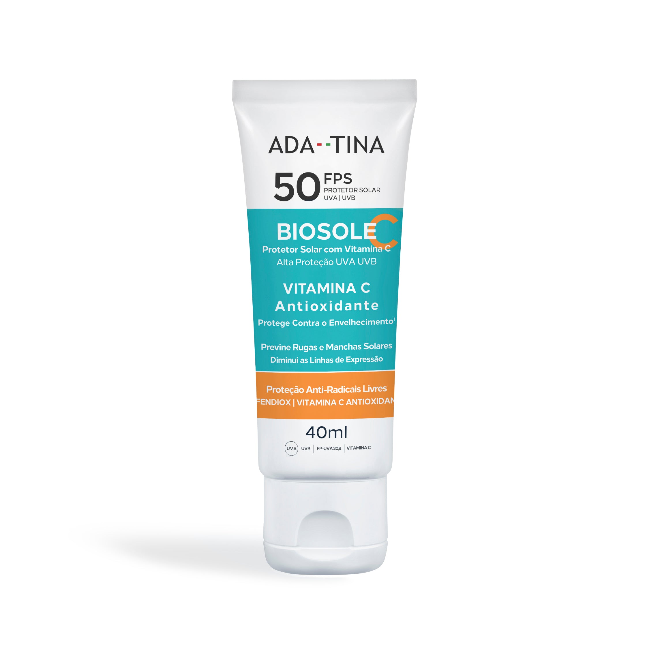 Protetor solar Biosole C FPS 50 ação clareadora e antioxidante, protege contra o envelhecimento.