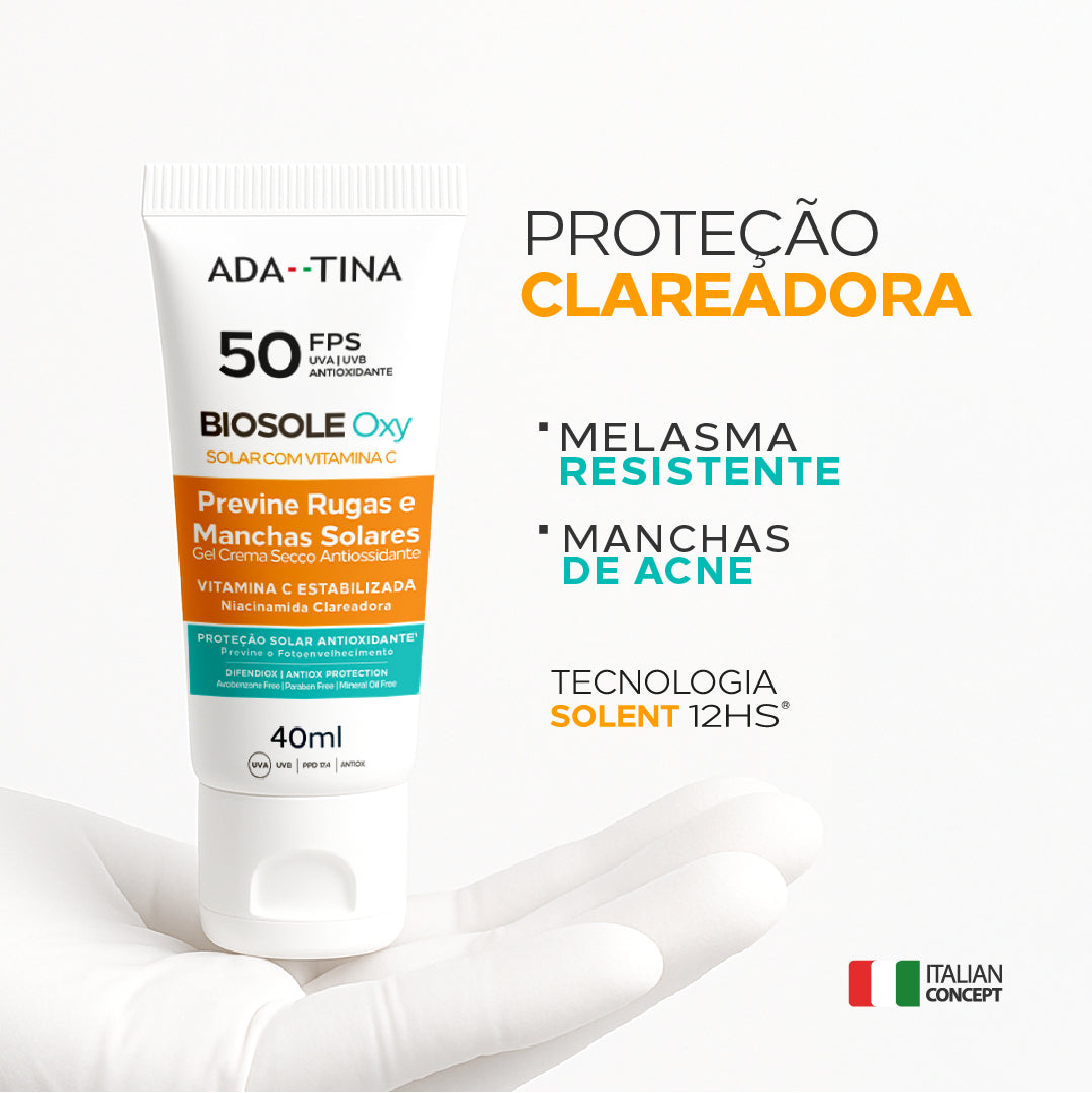 Protetor Solar Facial 12HS Clareador Anti-Calor 2x Mais Rápido – Biosole Oxy FPS 50 40ml