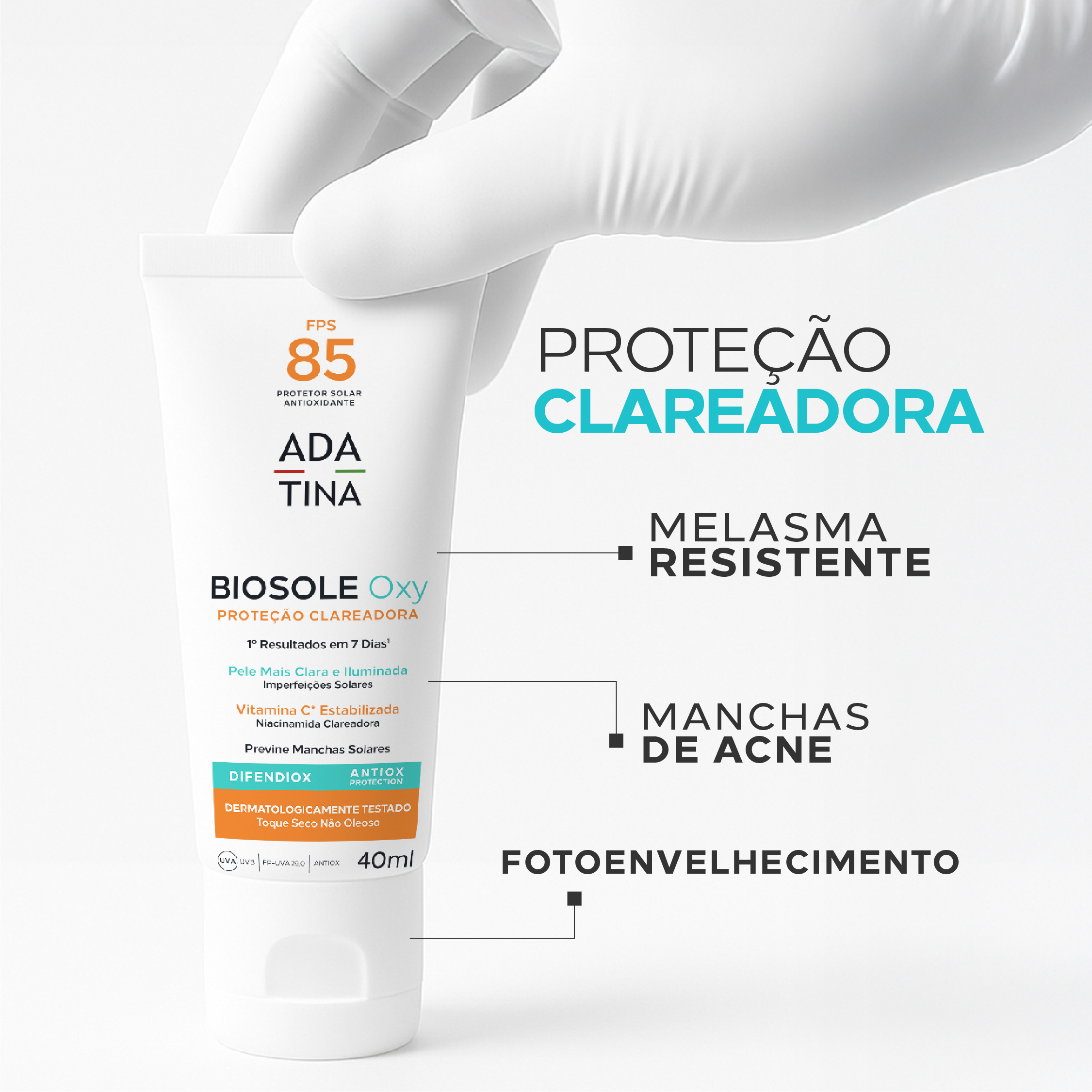 Biosole Oxy FPS 85 com proteção clareadora contra manchas e melasma.