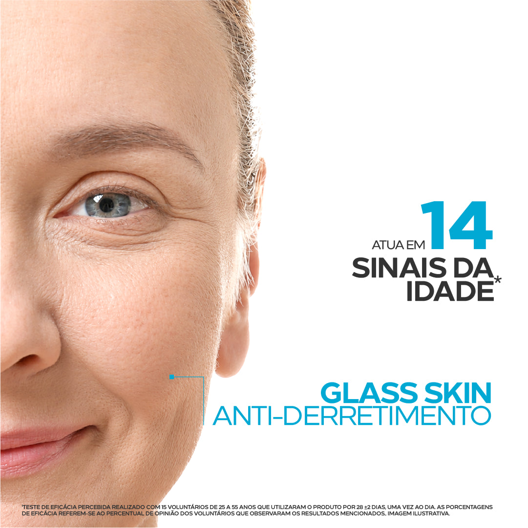 Rosto de mulher madura com o destaque Atua em 14 sinais da idade, Glass Skin e anti-derretimento do Retinal E+ Concentrate