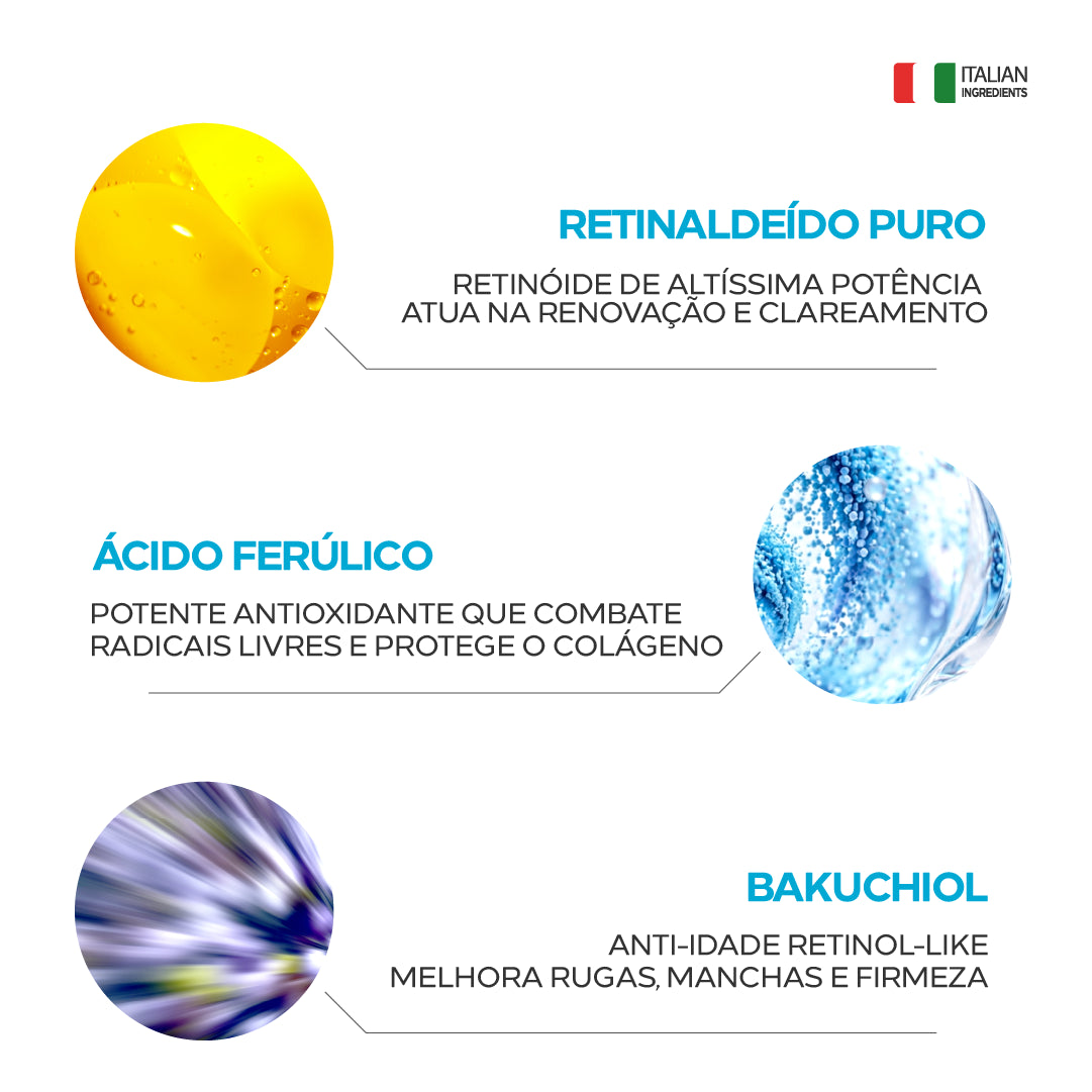 Principais ativos do Retinal E+ Concentrate: retinaldeído puro, ácido ferúlico e bakuchiol