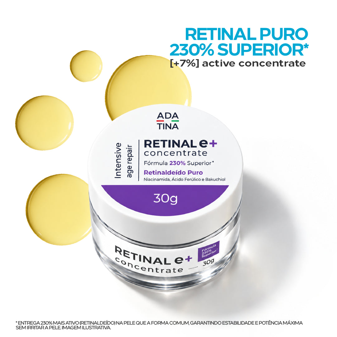 Retinal E+ Concentrate 30 g com gotas da textura ao redor e destaque Retinal Puro 230% Superior