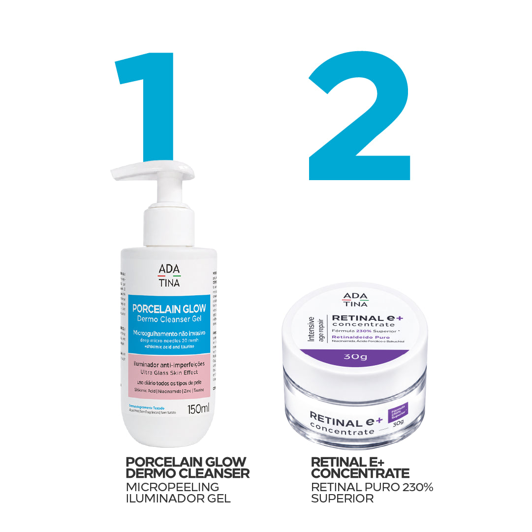Rotina em dois passos da Ada Tina: Porcelain Glow Dermo Cleanser Gel e Retinal E+ Concentrate
