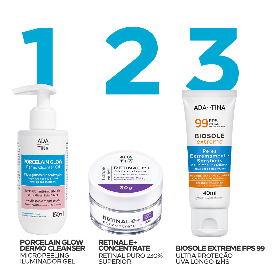 Rotina Ada Tina em três passos: Porcelain Glow Dermo Cleanser, Retinal E+ Concentrate e Protetor Solar Biosole Extreme FPS 99