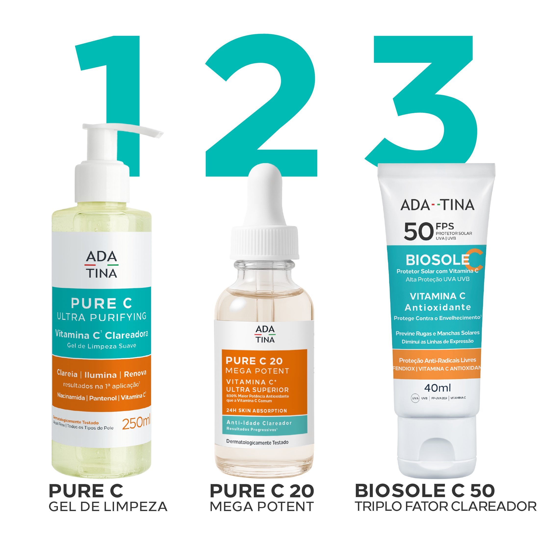 Rotina clareadora Ada Tina com Pure C, Pure C sérum e Biosole C FPS 50.