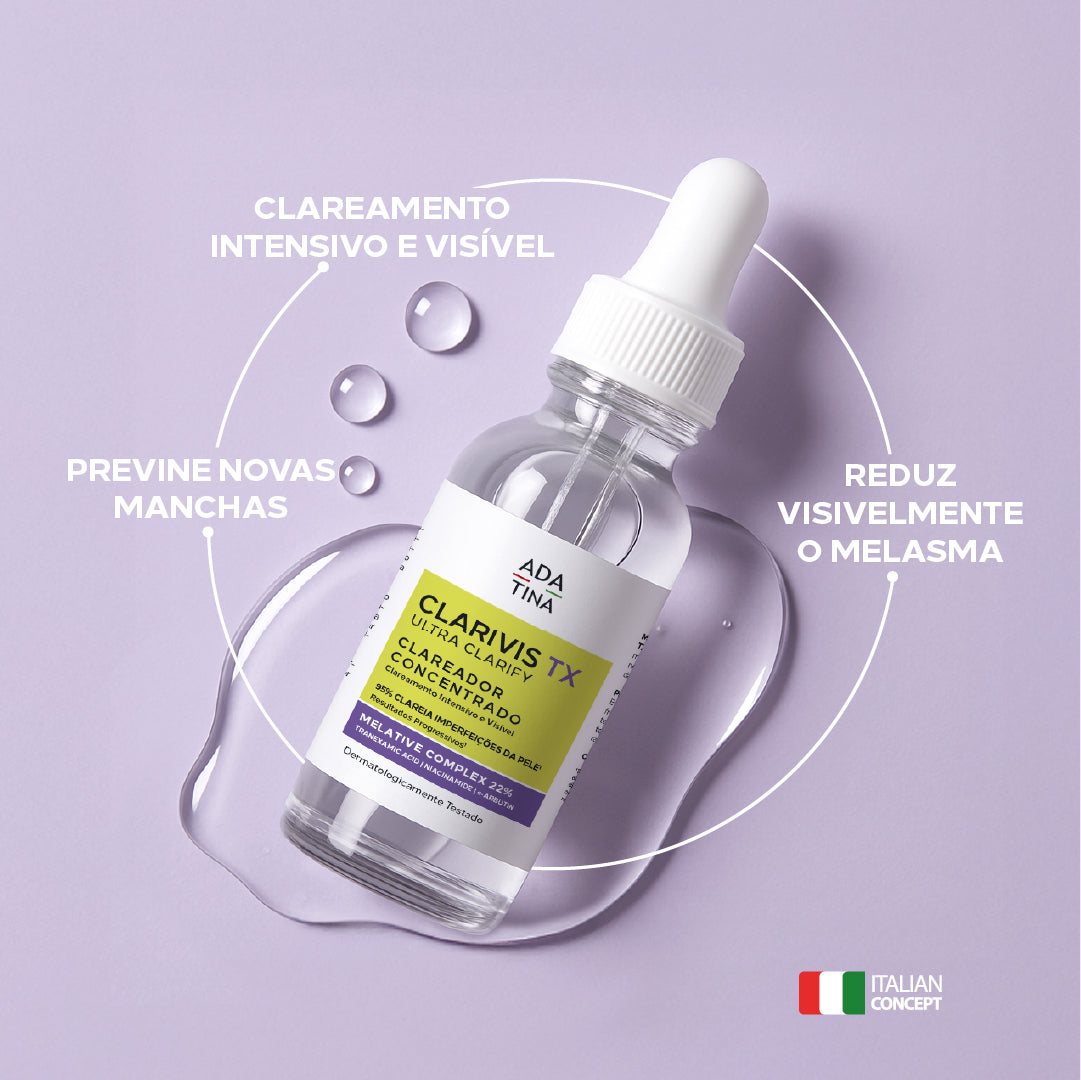 Clarivis TX sérum de clareamento intensivo, reduz visivelmente o melasma e previne o surgimento de novas.