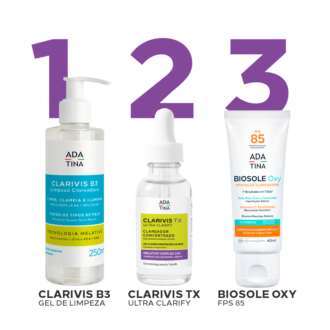 Rotina clareadora Ada Tina com Clarivis B3, Clarivis TX Ultra Clarify e Biosole Oxy FPS 85.