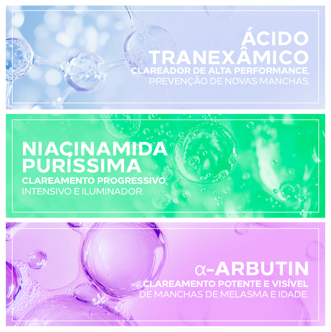 Ingredientes do Clarivis TX Ultra Clarify: ácido tranexâmico, niacinamida e alfa arbutin.