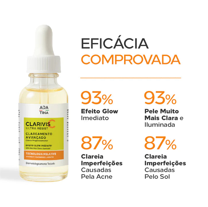 Clarivis C Ultra Resist com eficácia comprovada no clareamento da pele, manchas e melasma, além de proporcionar um efeito glow.
