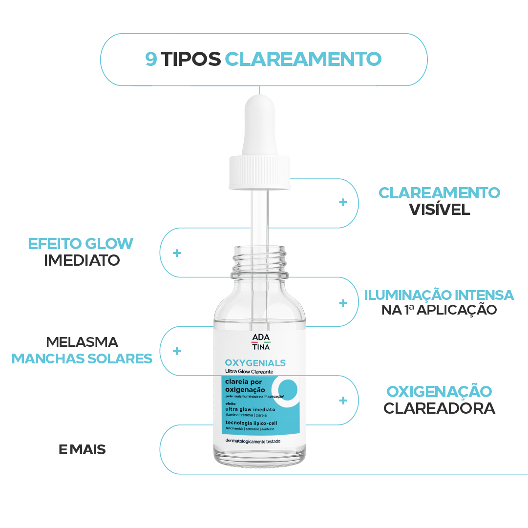 Oxygenials Ultra Glow Clareante com 9 tipos de clareamento para peles com melasma e manchas.