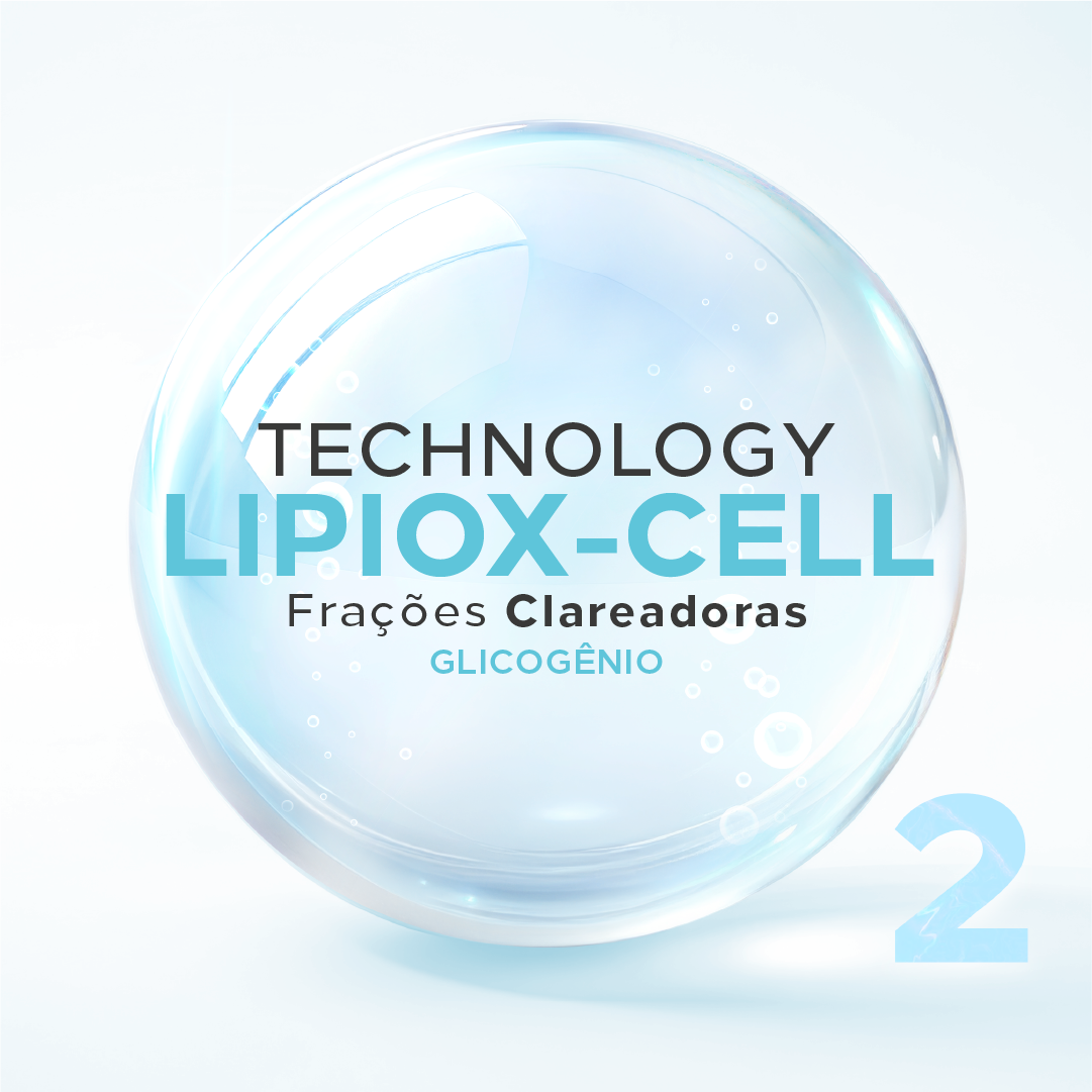 Sérum com tecnologia Lipiox-cell e frações clareadoras de glicogênio.