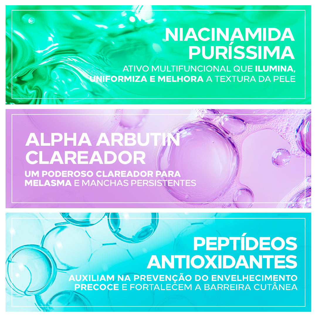 Ingredientes do Oxygenials Ultra Glow Clareante: niacinamida, alpha arbutin e peptídeos antioxidantes.