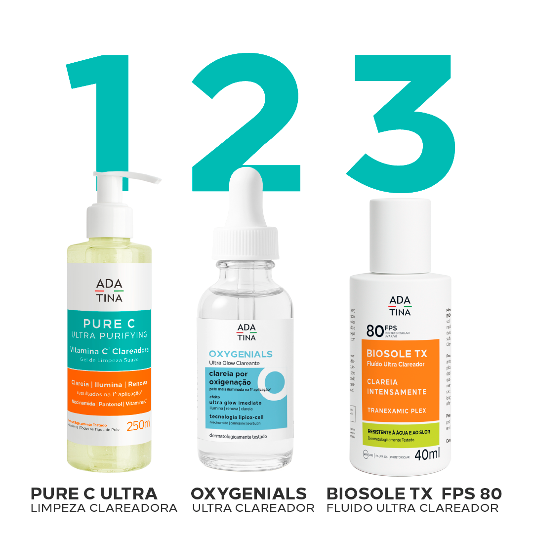 Rotina clareadora Ada Tina com Pure C Ultra Purifying, Oxygenials Ultra Clareador e Biosole TX FPS 80.