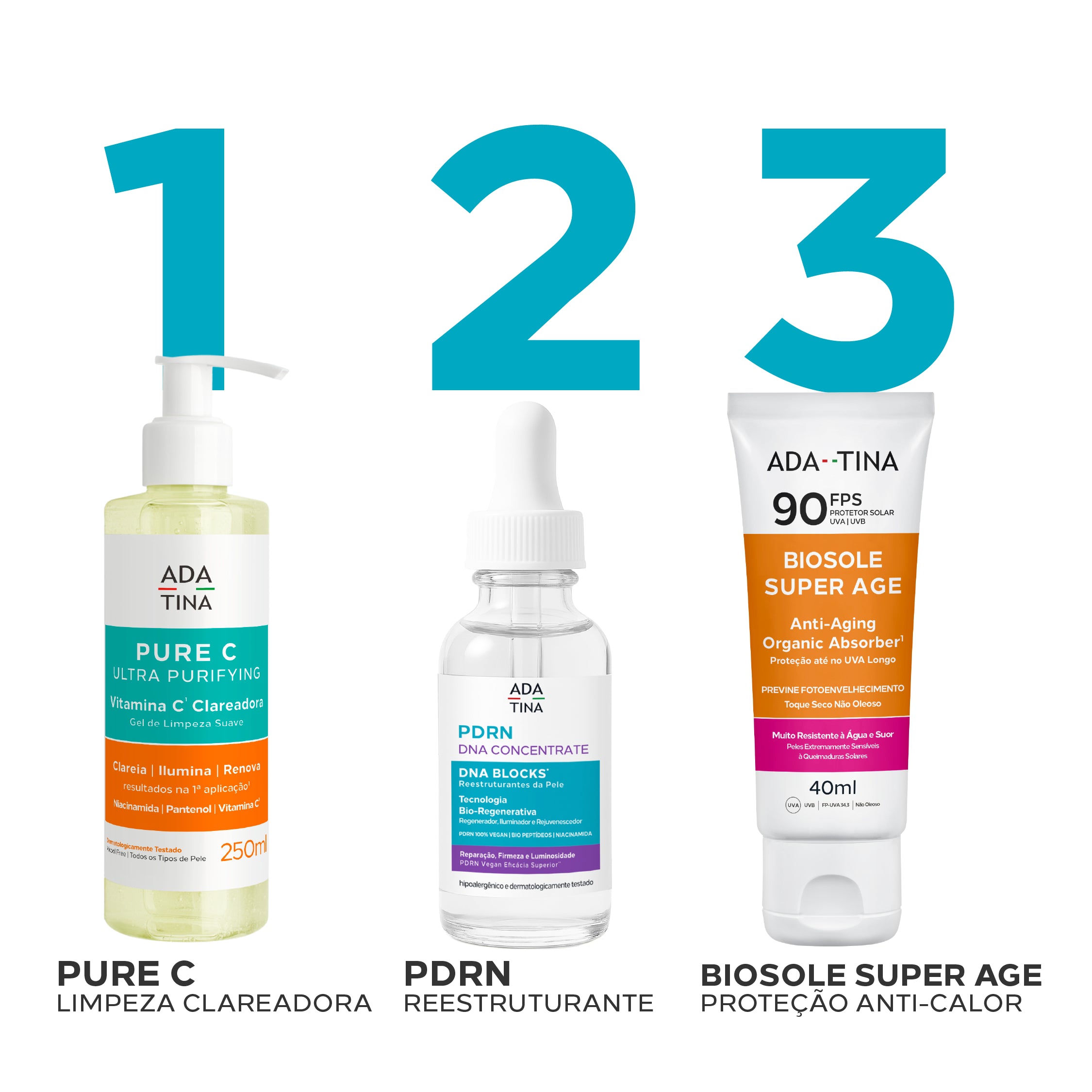 Rotina anti-idade com Pure C Ultra Purifying, PDRN DNA Concentrate e Biosole Super Age FPS 90.