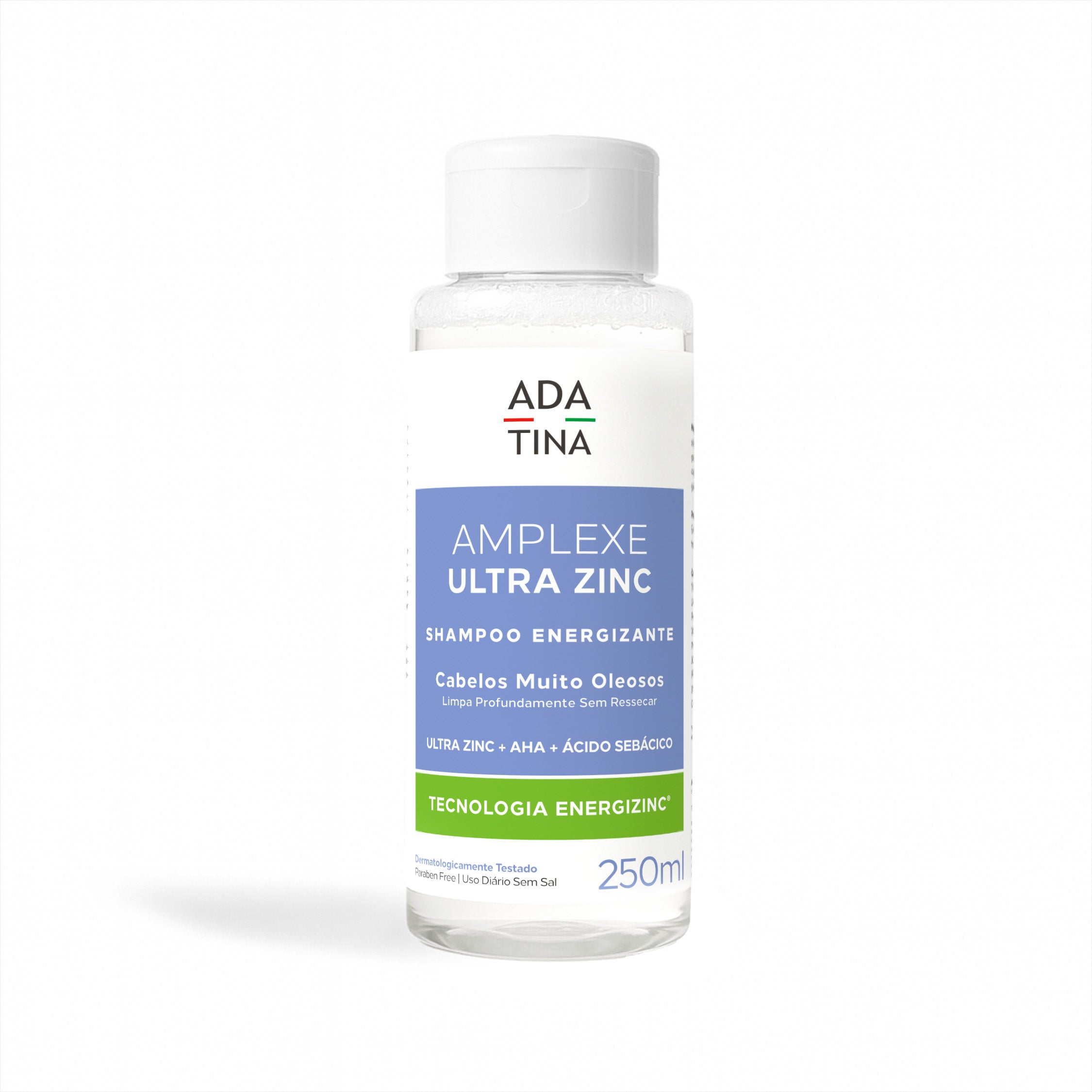 Shampoo capilar Amplexe Ultra Zinc Ada Tina para cabelos oleosos, com eficácia científica comprovada.