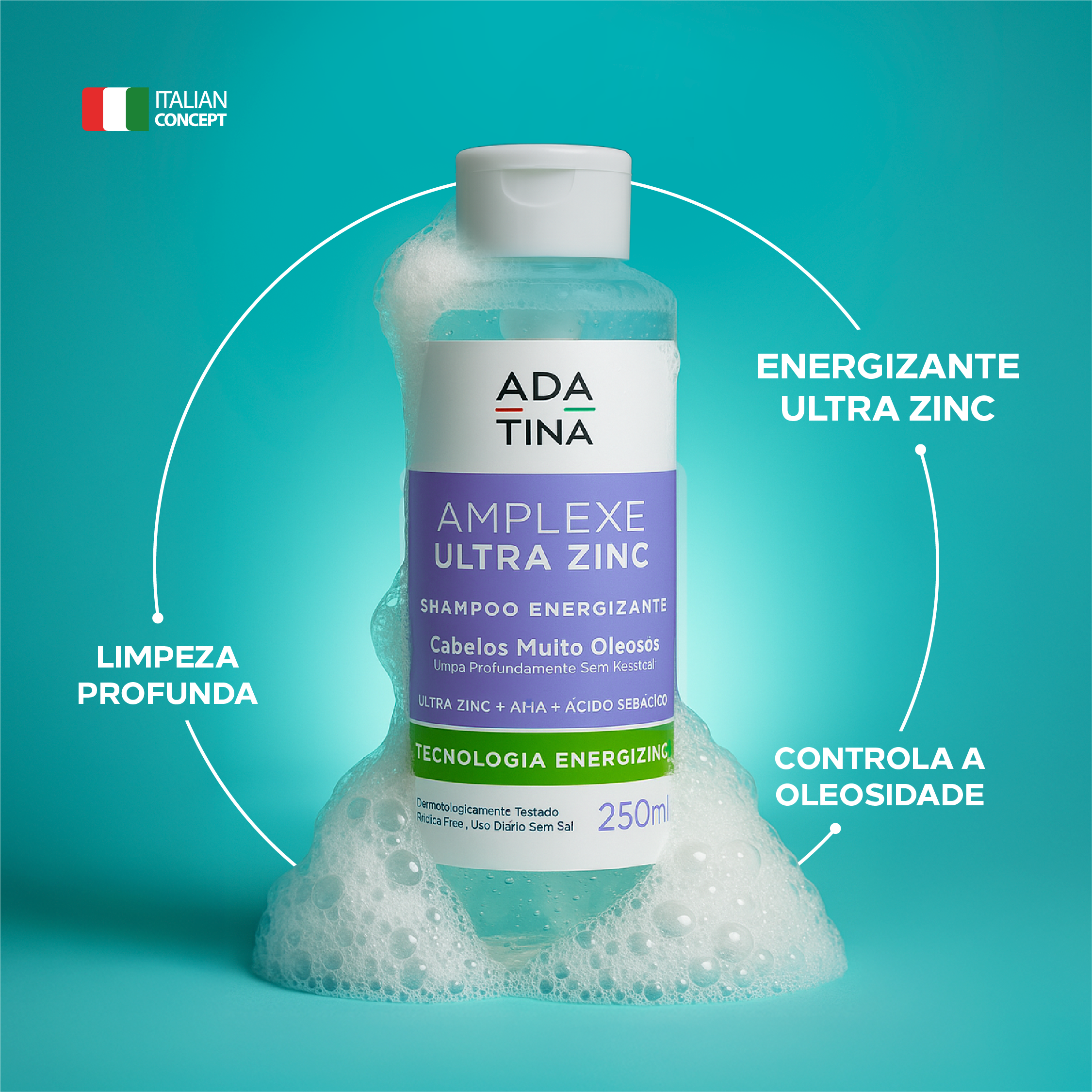 Shampoo Amplexe Ultra Zinc Ada Tina com propriedades energizantes e controle da oleosidade.