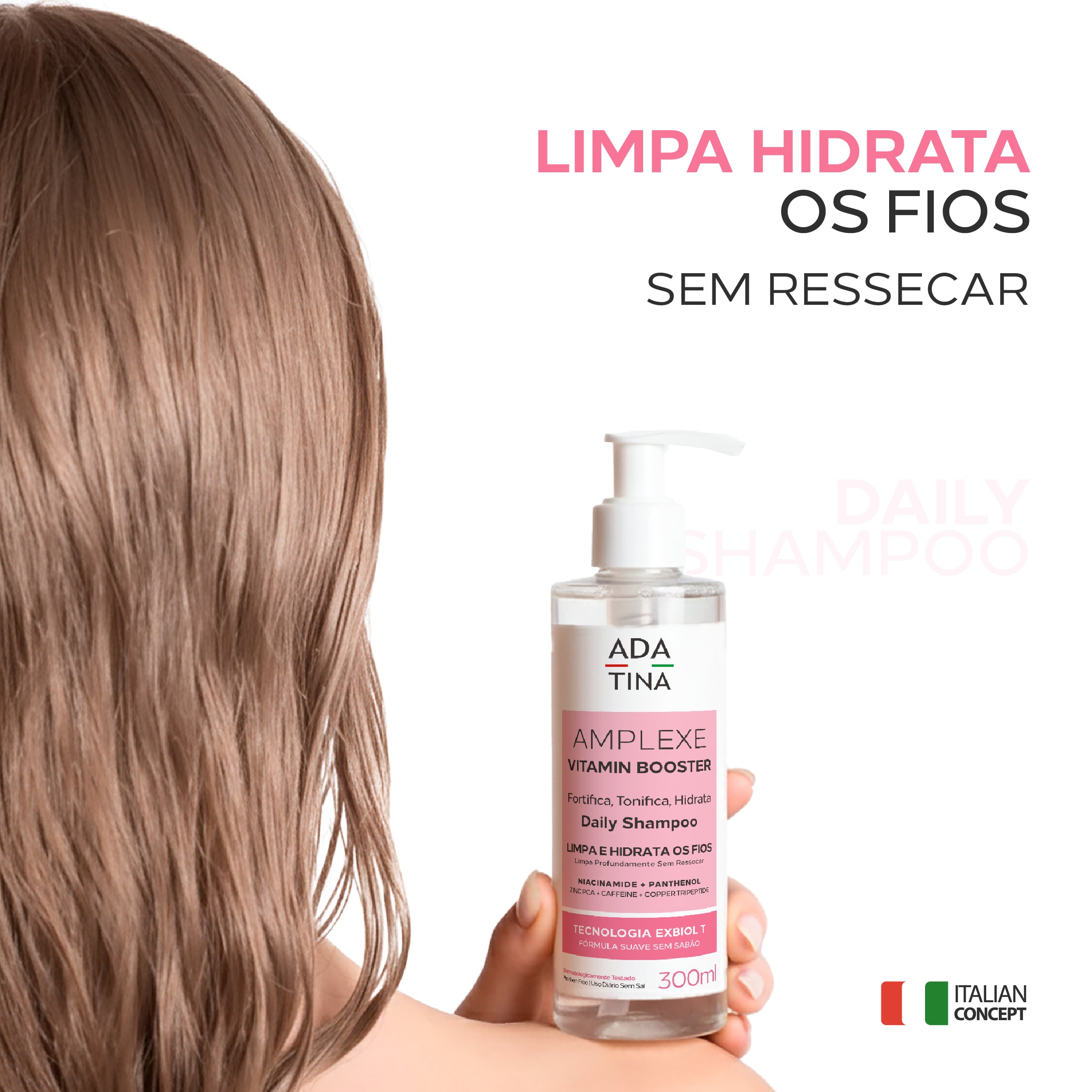 Shampoo Vitamin Booster limpa e hidrata os fios, sem ressecar.