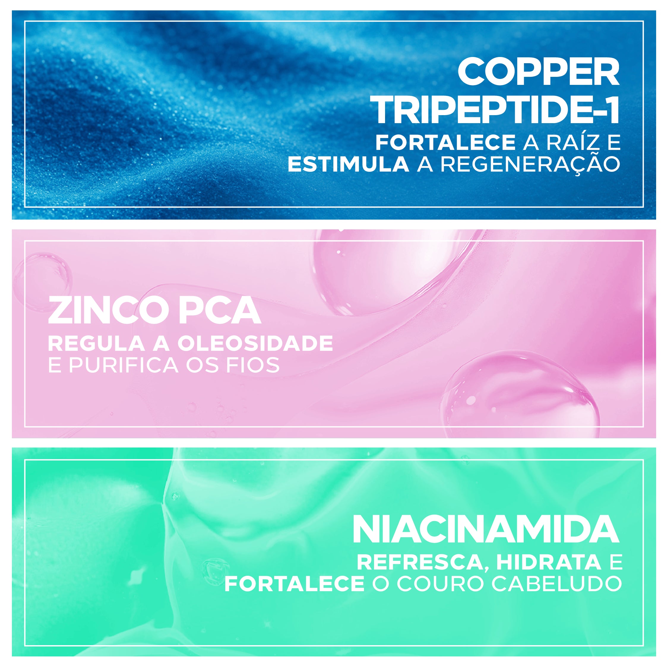 Ingredientes do Amplexe Vitamin Booster: copper tripeptide, .inco PCA, niacinamida.