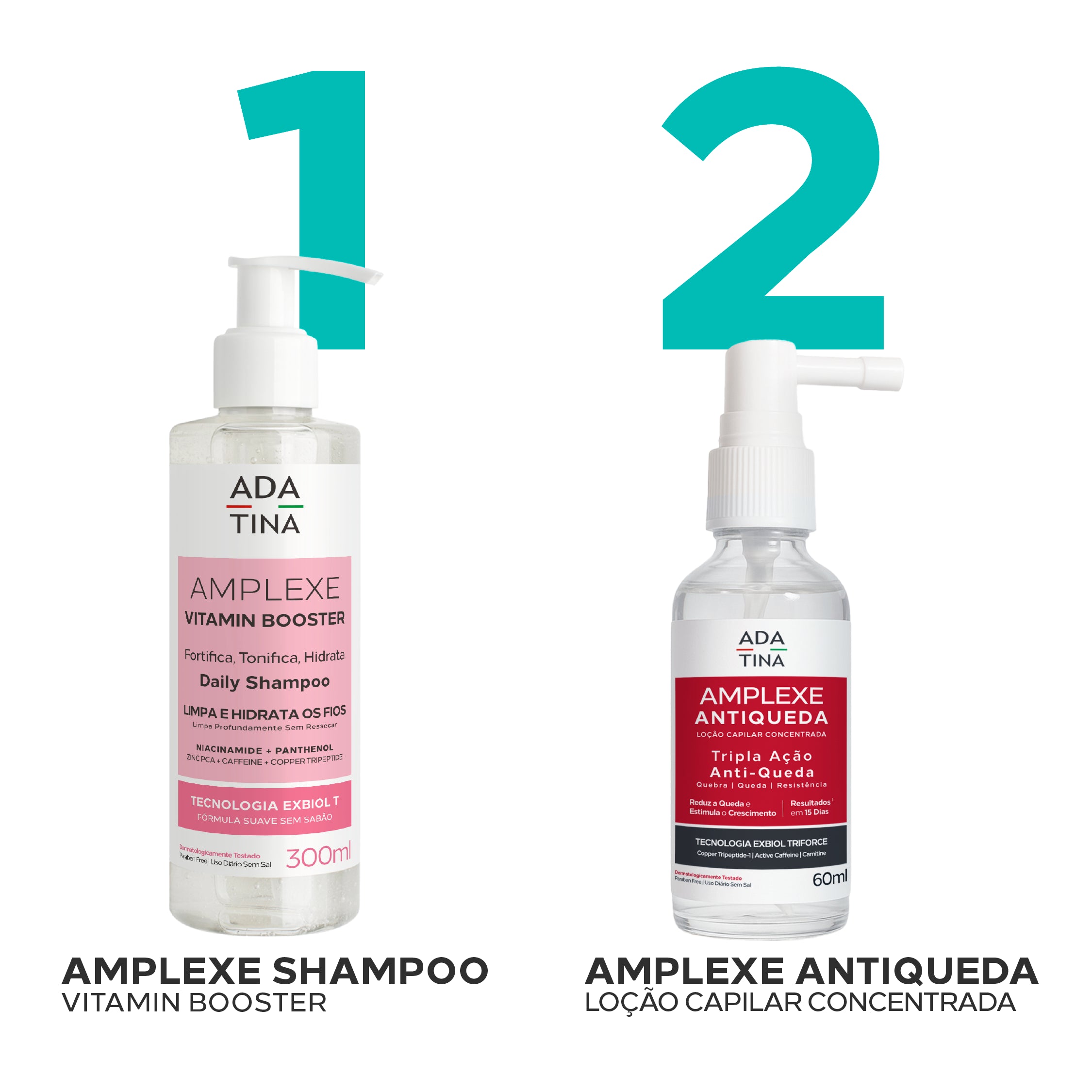 Rotina de cuidado capilar com Amplexe Vitamin Booster e Loção Amplexe Antiqueda.