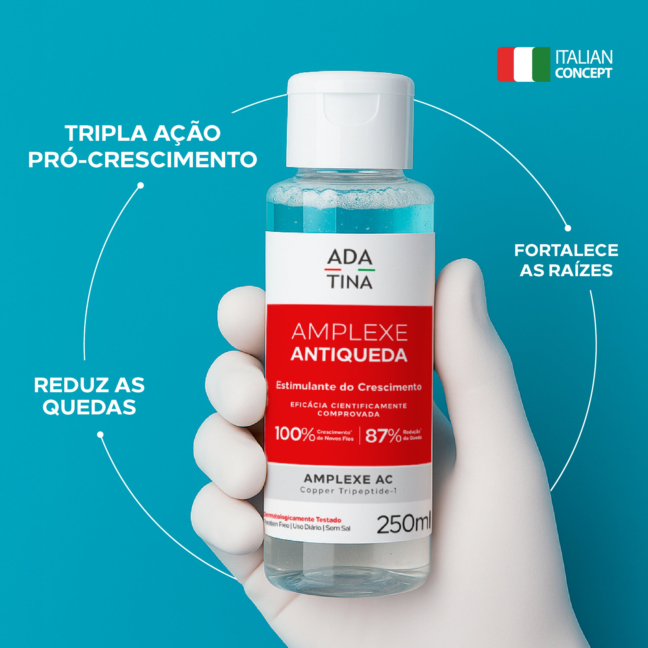 Shampoo Amplexe Antiqueda Ada Tina com tripla ação pró-crescimento, reduzindo as quedas.