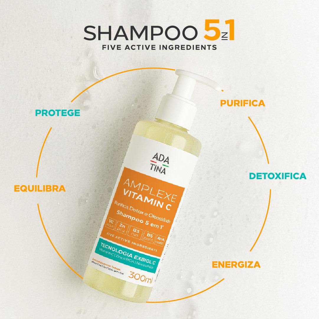 Shampoo capilar Amplexe Vitamin C Ada Tina 5 em um, purifica, detoxifica, energiza, equilibra e protege.