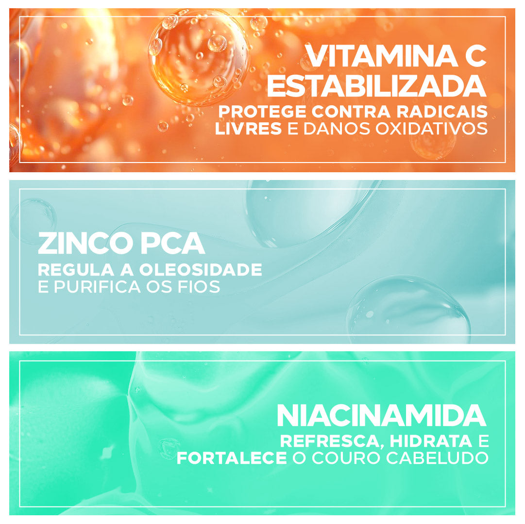 Ingredientes do Amplexe Vitamin C: vitamina C estabilizada, Zinco PCA e niacinamida.
