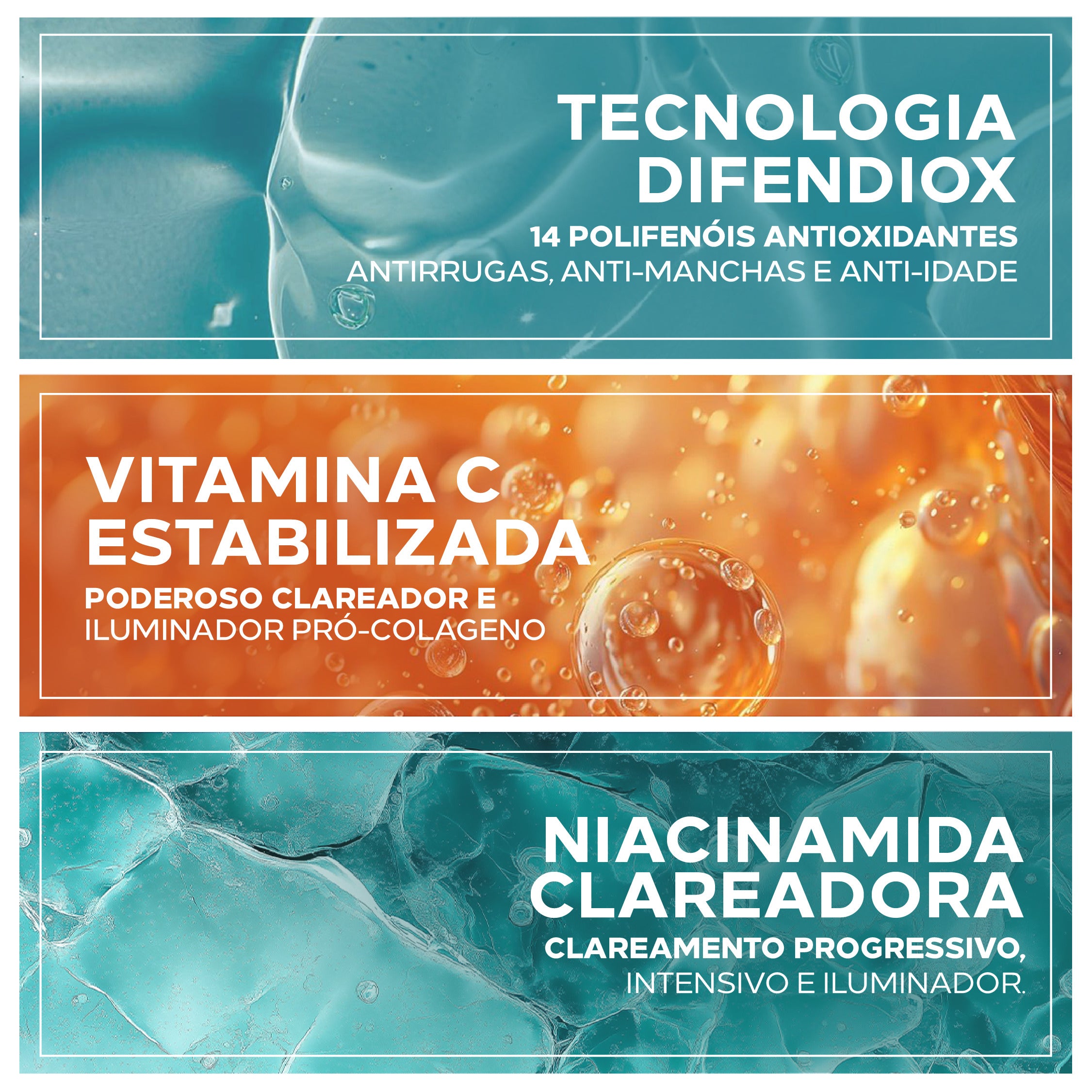 Ingredientes do Biosole Oxy FPS 50: Difendiox, vitamina C estabilizada e niacinamida clareadora.